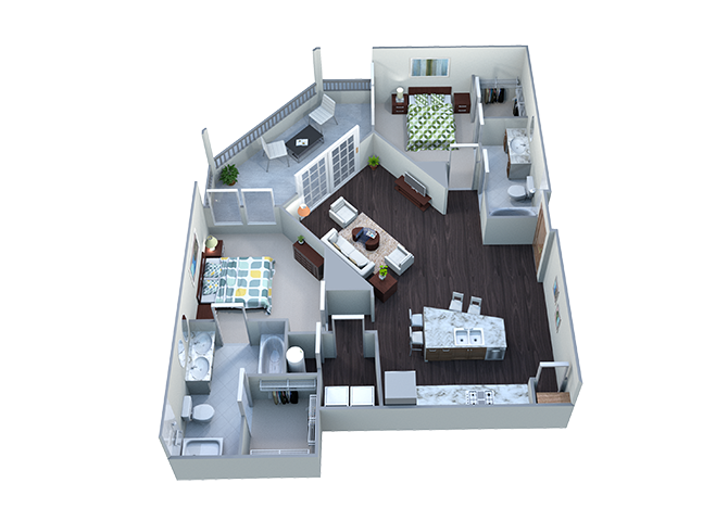 Floor plan for 2 beds, 2 baths, 1216 sqft